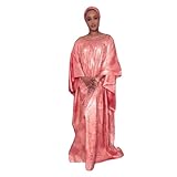 HD African Woman's Traditional Bazin Boubou Dress Embroidery Plus Size Coral Maxi Gown with Headwrap