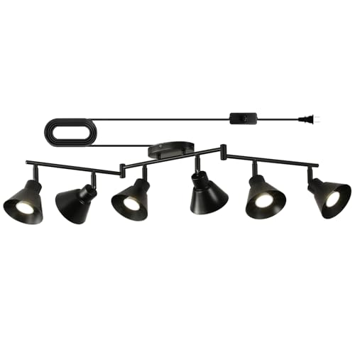 vivihobb 6 Light Plug in Track Lighting Kit,Modern Plug in Ceiling Light Fixture,16.4ft Cord,6 Way Ceiling Spot Lighting,Flexibly Rotatable Light Head (Black)
