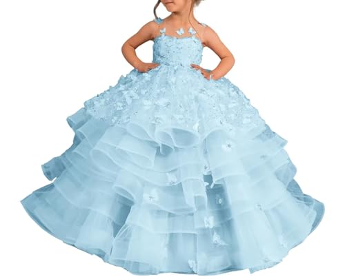 wyxis Light Blue Flower Girl Dress Tulle Butterfly Appliques Pageant