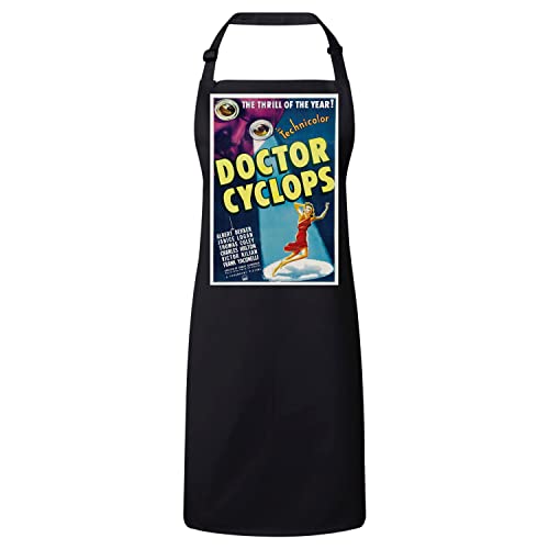 Tablier cuisine premium noir Docteur Cyclops au design affiche de film rétro chic