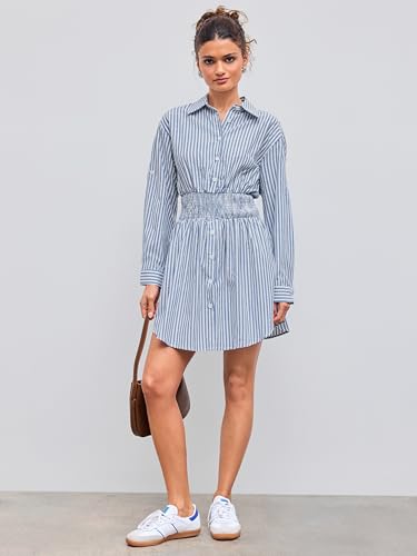 CIDER Shirt Dress for Women Casual Collar Neck Striped Button Mini Long Sleeve High Waist Cotton-Blend Dress2