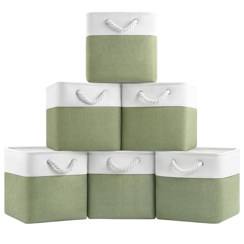 Patvingot 11x11 Cube Storage Bins, 6 Pack Foldable Fabric Organizer Bins with Rope Handles, Storage Cubes for Organizing Bedroom, Living Room, Clothes and Toys, Shelves and Closet (White & Green)