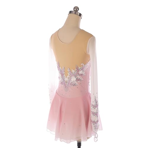 Vestido de patinação artística, flores de strass bordadas rosa gradiente, fantasia de competição de