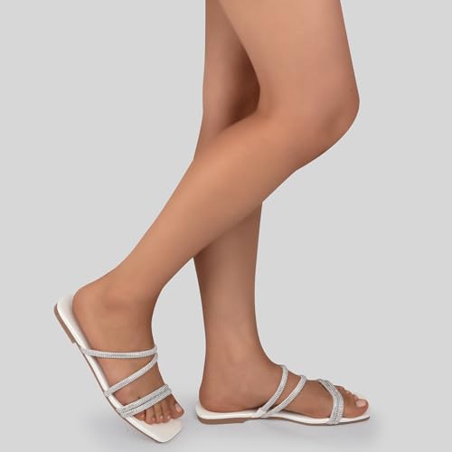 Image of STUNAHOME Women's Rhinestone Thong Flat Sandals Open Toe Slide Sandals with Square Toe Bling Strap