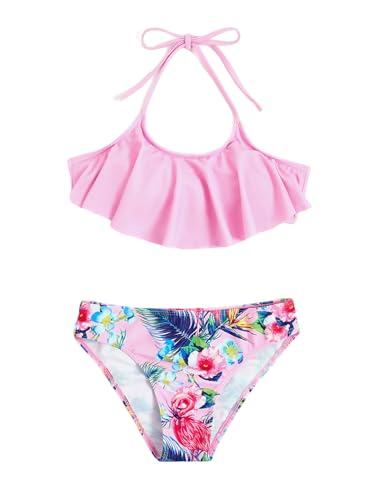 SHENHE Girl's 2 Piece Halter Swimsuit Floral Ruffle Flounce Bikini Set Cute Bathing Suits
