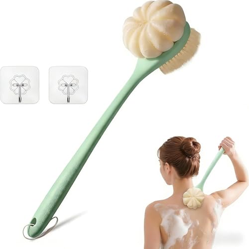 CYMPHW Back Scrubber for Shower, 15.7' Loofah with Handle, Back Shower Brush with Bristles and Loofah, Dry Brushing Body Brush for Cleanse Back and Hard to Reach Areas with Curved Long Handle