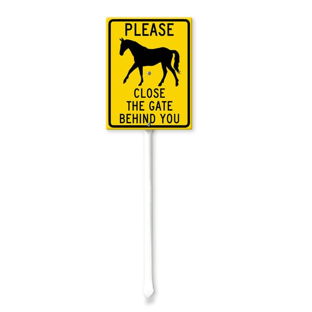 Geroclonup Horse Sign Please Close The Gate Behind You Sign with Stake 17.5x22cm Yard Sign Aluminum Outdoor Decoration Sign Rustproof Sturdy Aluminum Sign for Outdoor Use Easy Install Set of 1