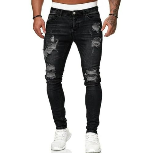 Pants Jeans Denim Trousers Street Trendy Piercing Wear Hole Stretch Tight Washed Blue Mid Waist for Men3