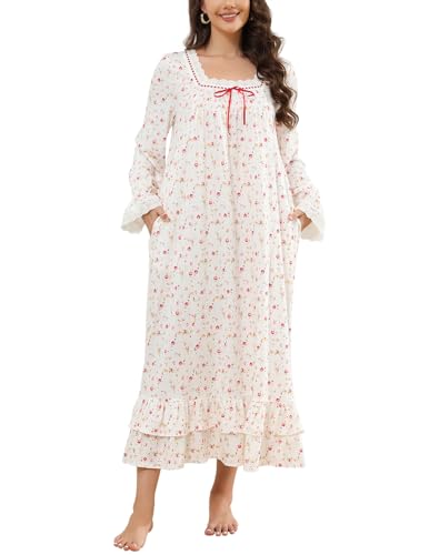 Rubehoow Viktorianisches Nachthemd für Damen, Vintage-Stil, langärmelig, Pyjama, Kleid, weiche Baumwolle, Lounge-Kleid, Nachtwäsche, S-3XL, vintage...