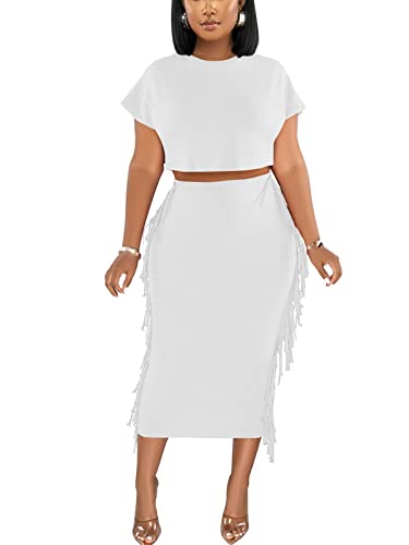 Women's Sexy Summer Crew Neck 2 Piece Outfit Bodycon Crop Tank Tops Tassel Long Maxi Skirt Set Night Out Birthday Going Out Dresses White L #TOP23