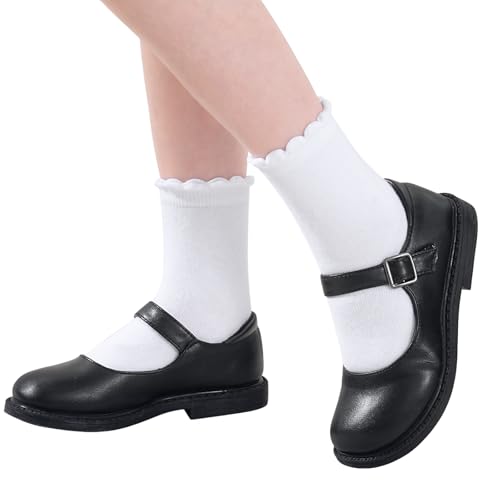 6 Pairs Girls White Socks Soft Cotton Ruffle Sock School Uniform Dress Socks Size 5-12 Years