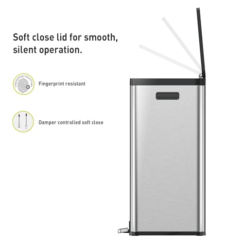 EKO Essential 8+8 Gallon Dual Trash Can, Kitchen Step Recycle Trash Can with Dual Removable Bucket, Independent Lids and Pedals, Brushed Stainless Steel
