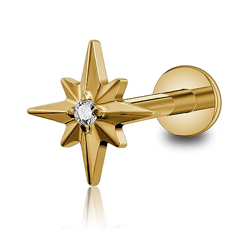 FINE4U Gold Flat Back Earrings Stud Titanium 16G 6mm 8mm - ASTM F136 Titanium North Star Cartilage Earring for Conch, Helix, Flat, Tragus, Lobe, Hypoallergenic