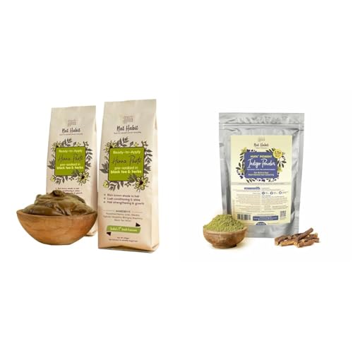 Image of Nat Habit Ready-to-Apply Fresh Henna Paste and Indigo Powder Combo, Pre-Soaked in Black Tea and Herbs,100% Natural Rajasthani Henna & Indigo Powder For Natural Black Hair (440g + 500g)