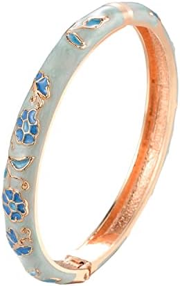 UJOY Handcraft Bangle Enameled Floral Colorful Cloisonne Jewelry Gold Spring Hinged Cuff Bracelets Gifts for Holiday Birthday 55B01 light blue