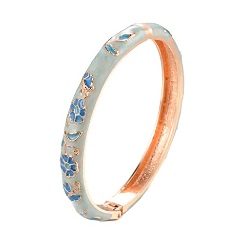 Ujoy Handcraft Bangle Enameled Floral Colorful Cloisonne Jewelry Gold Spring Hinged Cuff Bracelets Gifts For Holiday Birthday 55B01 Light Blue #TOP24