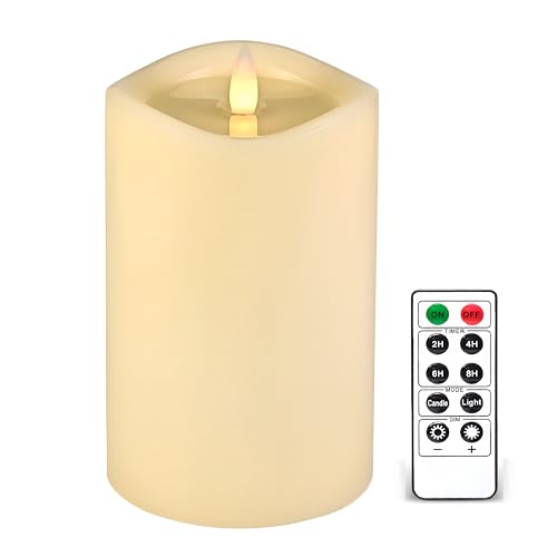 Image of Flameless Pillar Candles Flickering with Remote Timer, Battery Operated LED Candles Up to 400 Hours, 3d Moving Flame Real Wax Candles, D4 x H6, Remote Included (Ivory with Art Water, 4inx6in)
