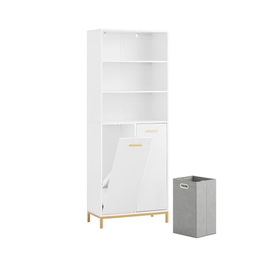 SoBuy Hochschrank breiter Badschrank mit Wäschesack Wäscheschrank Badezimmer Schrank Badregal Badezimmerschrank Badezimmermöbel Weiß BHT ca. 65x170x32cm BZR182-W