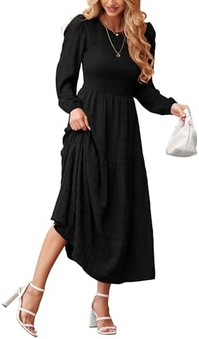 dowerme Women's Dresses 2025 Fall Puff Long Sleeve Crewneck Smocked Tiered Flowy A-Line Boho Wedding Party Maxi Dress