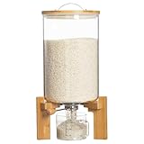 HBlife 14-16 Lbs Glass Rice Dispenser with Wooden Stand Flour and Cereal Container with Glass Measuring Cup Pantry Food Organization Storage Bin with Airtight Bamboo Lid, 8L