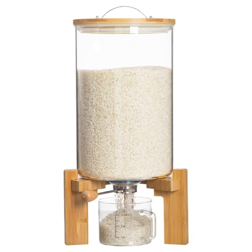 HBlife 14-16 Lbs Glass Rice Dispenser with Wooden Stand Flour and Cereal Container with Glass Measuring Cup Pantry Food Organization Storage Bin with Airtight Bamboo Lid, 8L