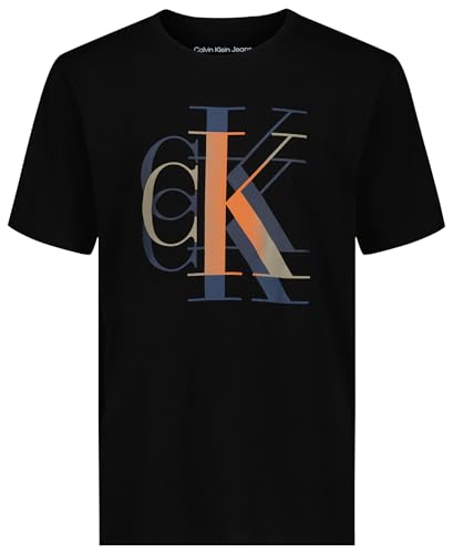 La Mejor Lista de Playeras para Niños más recomendados. 40 Calvin Klein - Playera de Manga Corta con Cuello Redondo para niño, Suave, cómoda, Ajuste Relajado, Negro Mezclado, 14-16
