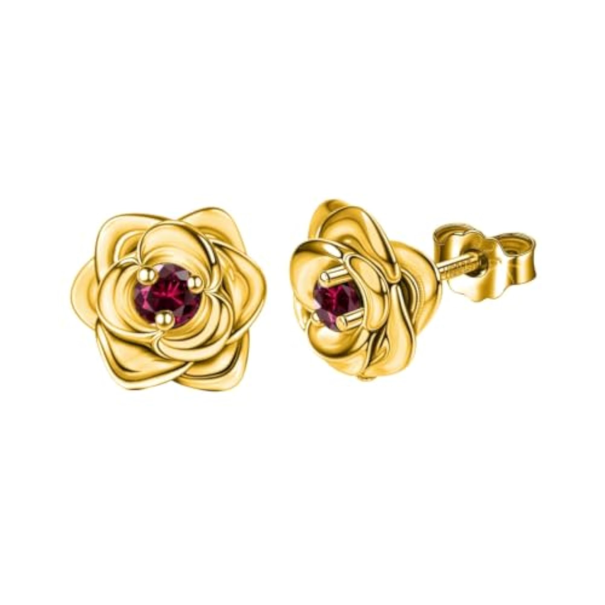 Women's 925 Silver Red Rose Bloom Earrings in Gold Finish
