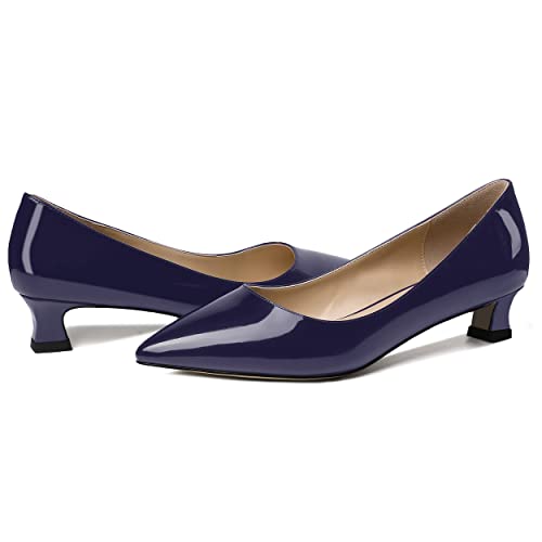 Skysterry Women's Navy Blue Slip On Kitten Low Heel Spool Patent Leather 1.5 Inch Pointed Toe Pumps Shoes Size 8 - Zapatos Tacon #TOP5