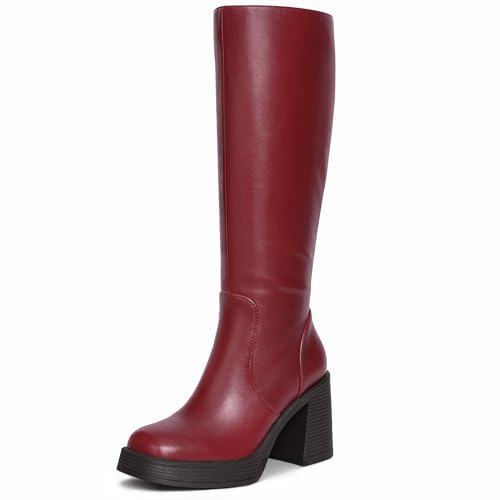 Image of Choiran Knee High Boots for Women - Platform Chunky Square Toe Tall Boots with Block Heeled Side Zipper, Fashion Long Gogo Boots for Spring Fall