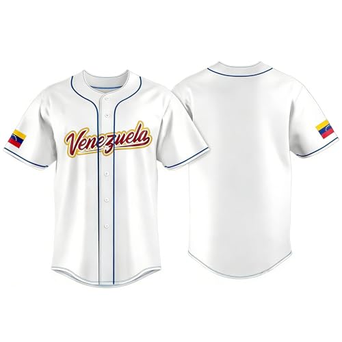 Venezuela Classic Baseball Jersey Short Sleeve Button Down Mesh Baseball Shirt Men Women Camisa de Venezuela beisbol (US Alpha Large Regular Regular Venezuela Style)