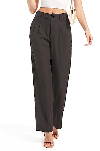 Women's Casual Straight Trousers High Waisted Button Work Office Dress Pants with Pockets (Dark Grey,Small Short)3