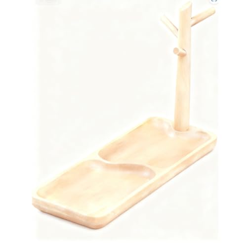 PANJIE 天然木木製収納スタンド|キースタンド・鍵置き・鍵ホルダー兼用|ジュエリートレイ・ジュエリーツリー機能付き|小物置き・おしゃれインテリア|リビングルーム部屋飾り (ブナ材,30*12*19cm)