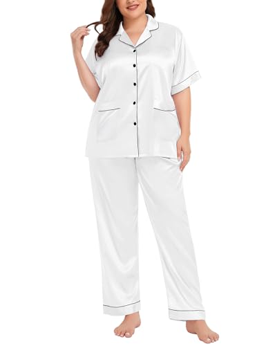 Image of SWOMOG Women's Plus Size Pajamas Silk Satin Pajama Set Short Sleeve Shirt with Full-Length Pants Pjs Sleepwear Set 18W-26W