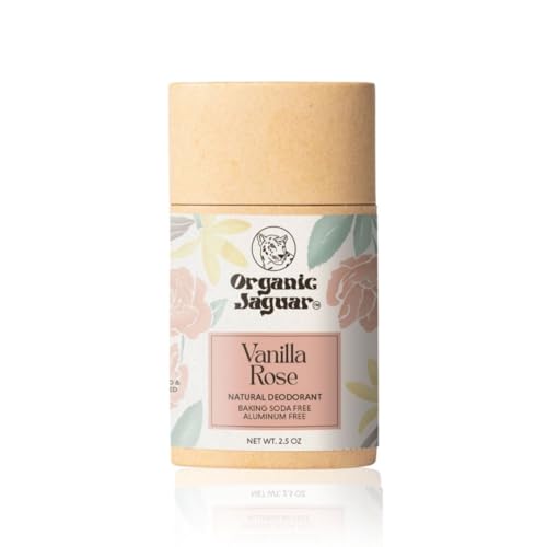 Organic Jaguar Aluminum Free Deodorant for Women and Men, 100% Natural Deodorant with Coconut Oil, Shea Butter, Baking Soda Free, Safe for Sensitive Skin, Long Lasting, Rose Vanilla, Unscented, 2 oz