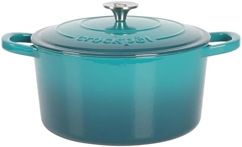 Crock Pot Artisan 6-Quart Round European Enameled Cast Iron Dutch Oven Pot With Lid -Teal Ombre - Thumbnail 2