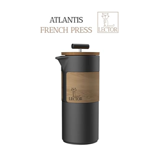 Image of LECTOR Atlantis French Press Coffee Maker | 450ml Capacity | Premium Ceramic Body with Natural Wood Sleeve & Lid | Manual Brewer for Coffee & Tea | Strong Ceramic Build, Superior Filtration (Black)