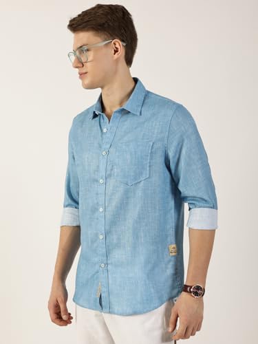 Image of Thomas Scott Men's | Printed | Textured Fabric | Full Sleeve | Regular Fit | Linen Blend | Single Pocket | Spread Collar | Casual Shirt