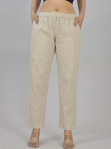 Women's Cotton Linen Pants, Regular Fit, Fully Elasticated, 2 Side Pockets