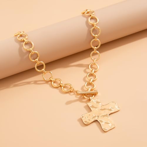 Chunky Gold Necklace Chunky Cross Necklace for Women Big Cross Statement Necklaces Trendy Toggle Necklaces Hammered Bold Vintage Jewelry4