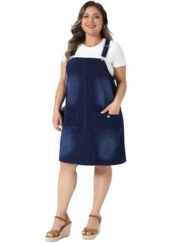 Image of Agnes Orinda Plus Size Women's Denim Overalls Dress Adjustable Strap Bib Suspender Skirts Jumper Jeans Dresses with Pockets