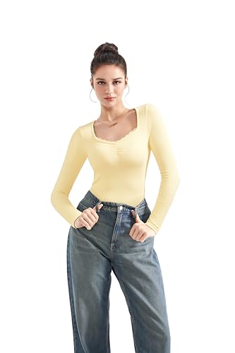 Image of SUUKSESS Women Sweetheart V Neck Long Sleeve Tops Lace Trim Ribbed Modal Fall Going Out Shirts