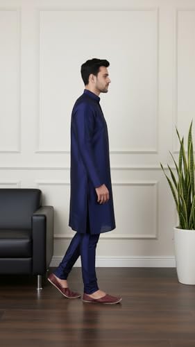 Image of SadreeMen's Silk Blend|Classic|Occassion|Ethinic|Full Sleeve|Mandirn Collor|Knee Length|Solid Colour|Light Weight|Comfort|Regular Fit Kurta Pyjama Set