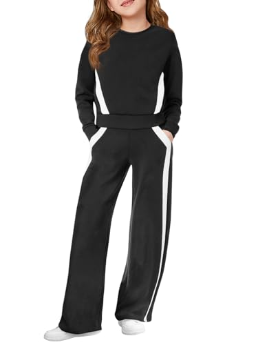 Haloumoning Girls 2 Piece Fall Outfits Color Block Sweatshirt and Elastic Wide Leg Sweatpants Clothing Sets 5-14 Years
