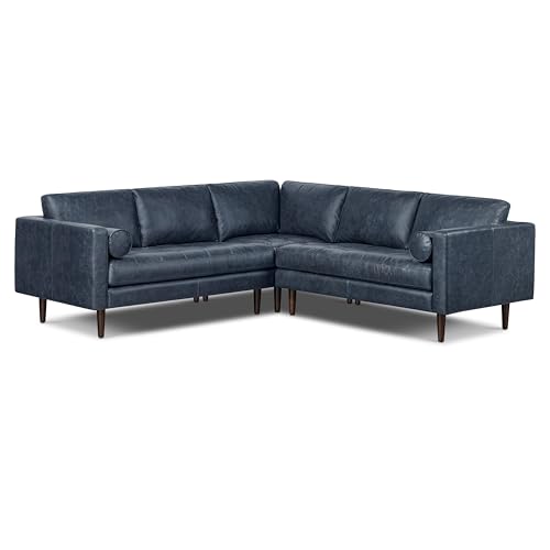 Image of Poly & BARK Napa 98 inch Leather Corner Sectional Sofa - Full-Grain Italian-Tanned Aniline Leather, Feather-Down Comfort, Solid Wood Frame - Nightfall Blue