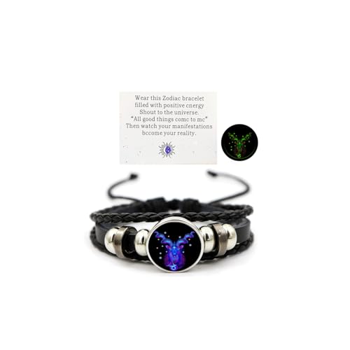 Aktully Zodiac Signs Spirit Bracelet for Women Men Adjustable 12 Constellation Bracelet Multilayer Black Leather Bracelets Zodiac Sign Wrap Bracelet for Women Men Birthday Jewelry (Capricorn)