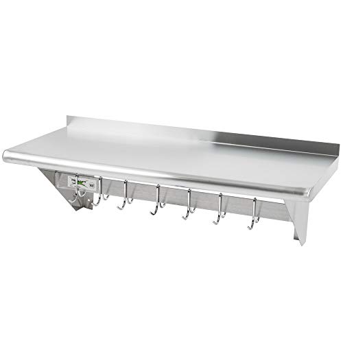 NSF Approved Stainless Steel Wall Mounted Pot Rack with Shelf and 18 Galvanized Hooks (15 X 36)