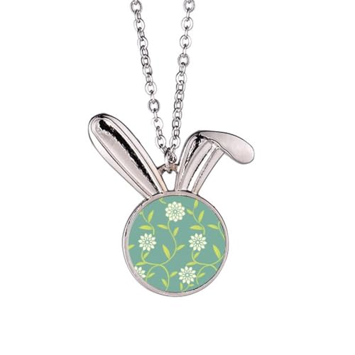 Collier pendentif lapin avec fleurs vertes et blanches pour femme