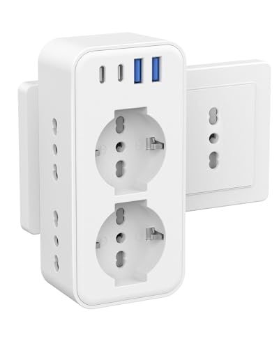 Aochxin Presa Multipla con 2 Schuko e 4 Prese IT, Spina Italiana, Multipresa Salvaspazio con 4 USB, Adattatore Spina 16A per Cucina, 3680W Tripla Presa per Ufficio Casa Viaggio, Bianco