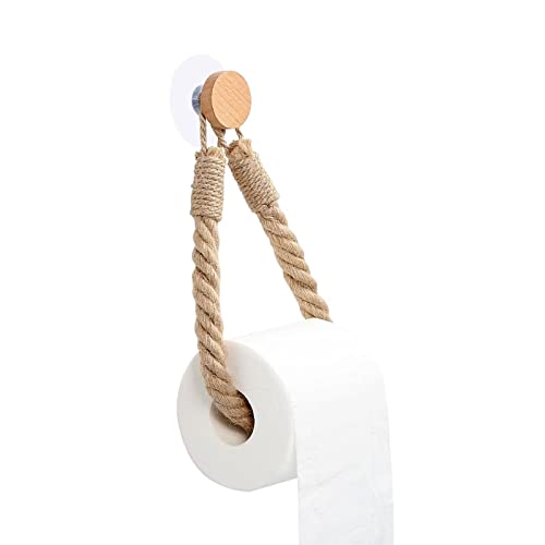 Typutomi Hemp Rope Towel Holder, Creative Retro Wall-Mounted Towel Rack Toilet Paper Roll Holder with Wood Hook Beach Themed Home Bathroom Decor - No Punching