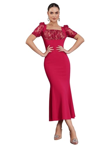 Image of Miss Chase Womens Bodycon Square Puff Sleeve Solid Lace Overlaid Ankle Length Dress